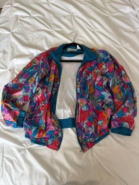 Vintage Colorful Floral Windbreaker Jacket - Teal, Pink, Purple